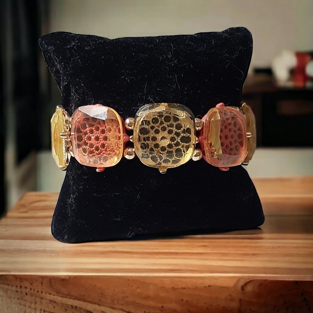 Stretch Bracelet Fall Orange Gold Colors Acrylic over Openwork Metal